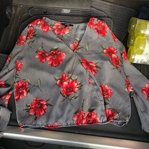 Black/white striped blouse with red flowers